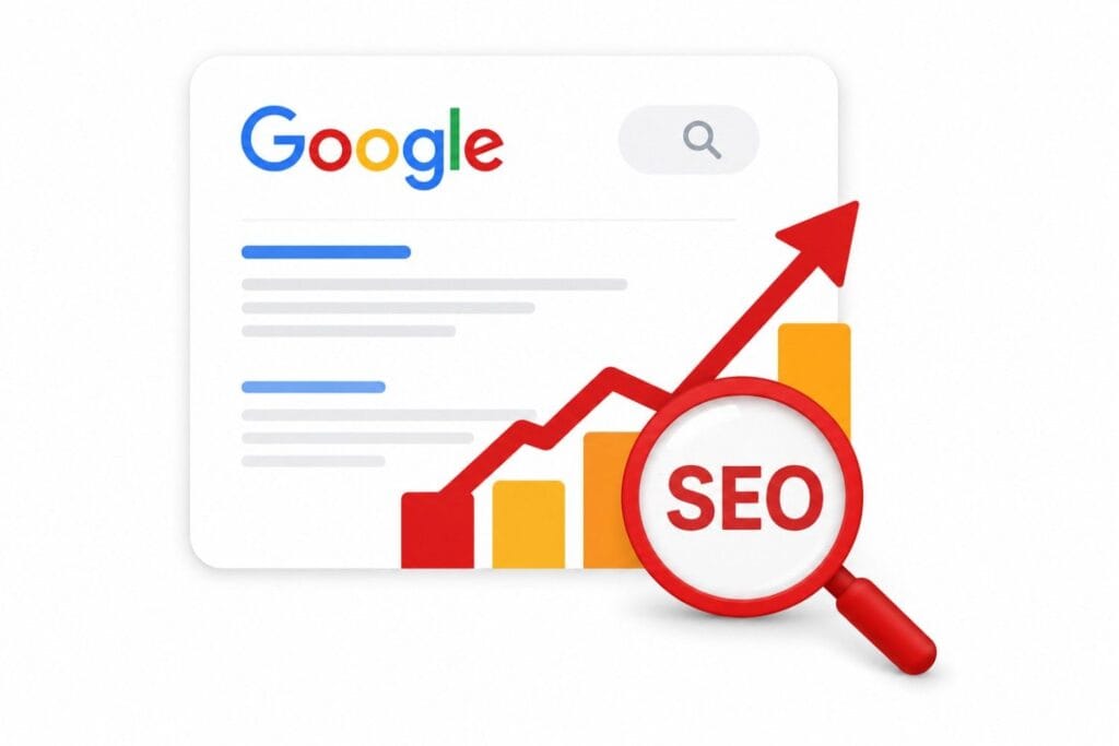 Illustration of SEO services in Nepal showing Google search ranking growth, SEO optimization, and organic traffic improvement.
