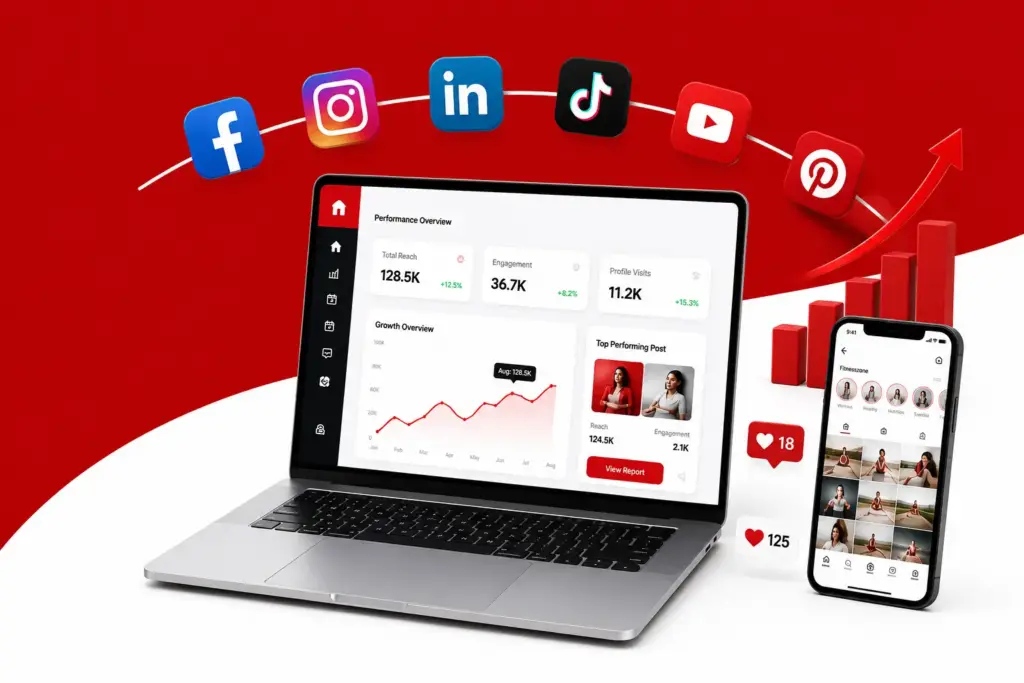 3D illustration of a social media marketing dashboard displayed on a laptop and smartphone with Facebook, Instagram, LinkedIn, TikTok, YouTube, and Pinterest icons on a red and white background.