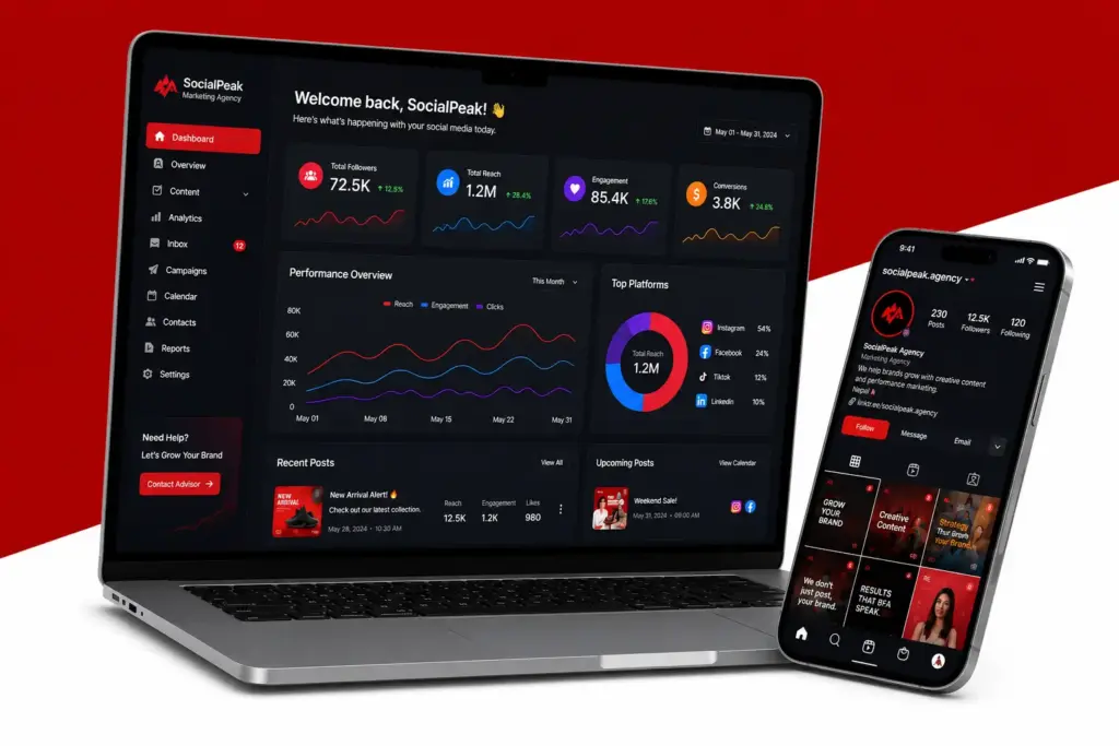Modern social media marketing dashboard displayed on a laptop and smartphone with a dark user interface on a red and white background.