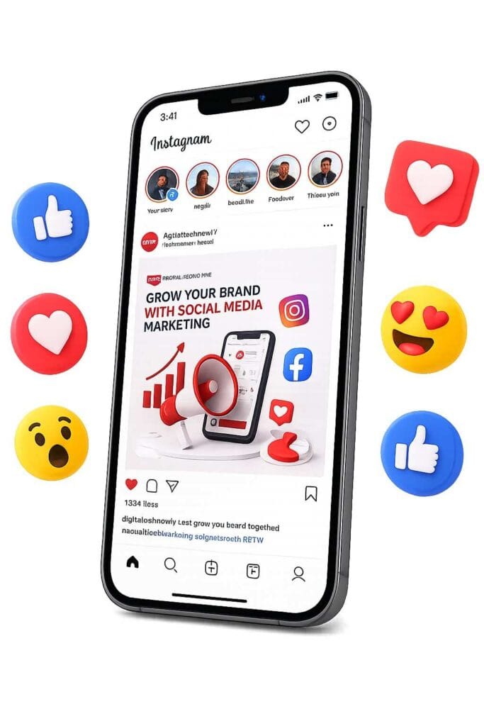 3D Instagram smartphone mockup with floating like, love, and wow reactions illustrating social media engagement and social media marketing services in Nepal.