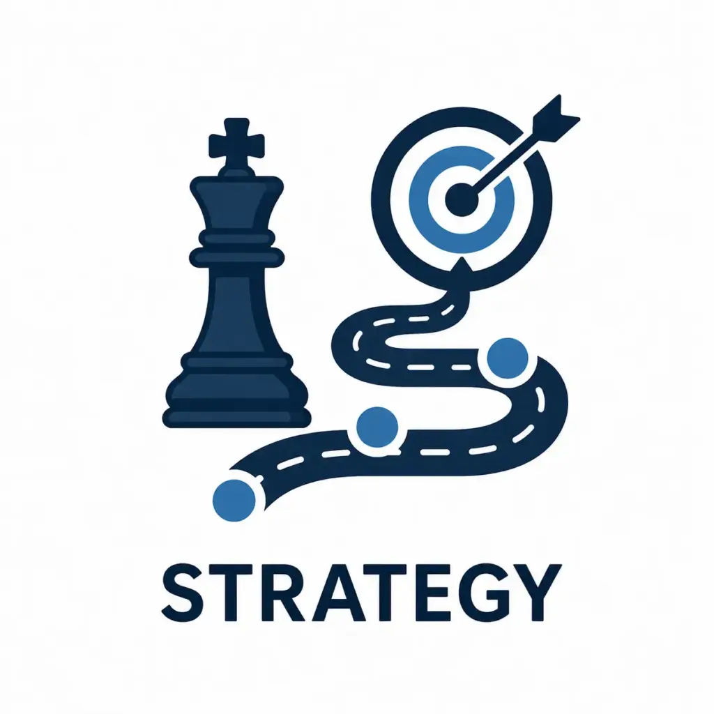 Strategy planning icon featuring a chess king, roadmap path, and target with arrow, representing business strategy, planning, goal setting, and decision making.