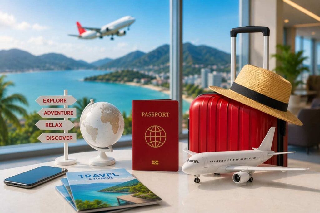 Travel and tourism concept featuring a suitcase, passport, airplane, and coastal destination representing digital marketing services in Sydney for travel agencies, tour operators, and tourism businesses.
