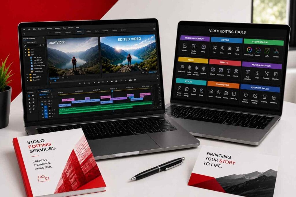 Professional video editing services in Sydney with advanced editing workstation showing raw footage and edited footage comparison