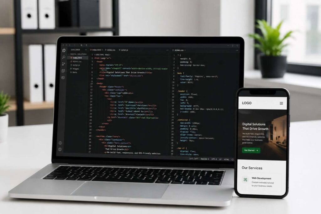 Laptop displaying website development code alongside a smartphone with a responsive website preview in a modern office workspace, representing professional web development services.